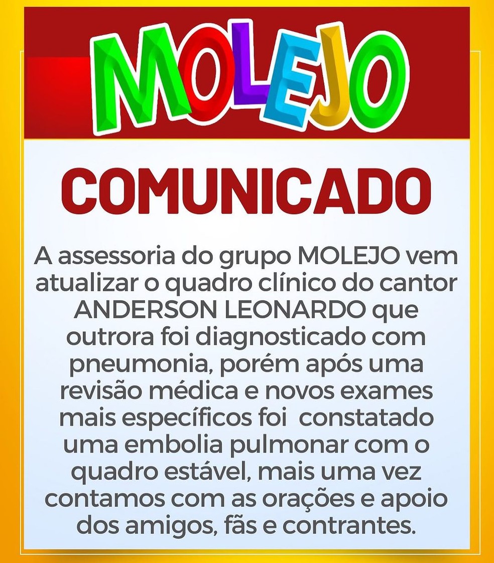 Comunicado sobre a saúde de Anderson, do Molejo — Foto: Reprodução/ Instagram