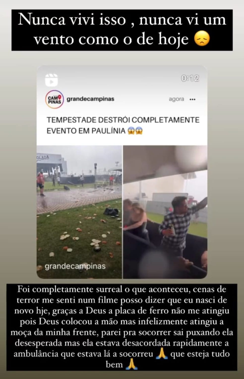 Moradora de Paulínia (SP) narrou nas redes sociais momento de sufoco durante temporal que cancelou evento de churrasco e música nesta quarta (15) — Foto: Reprodução/Redes Sociais