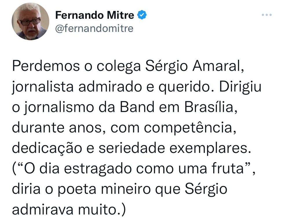 Diretor nacional de jornalismo da Band, Fernando Mitre, publicou condolências nas redes sociais.  — Foto: Divulgação/Twitter