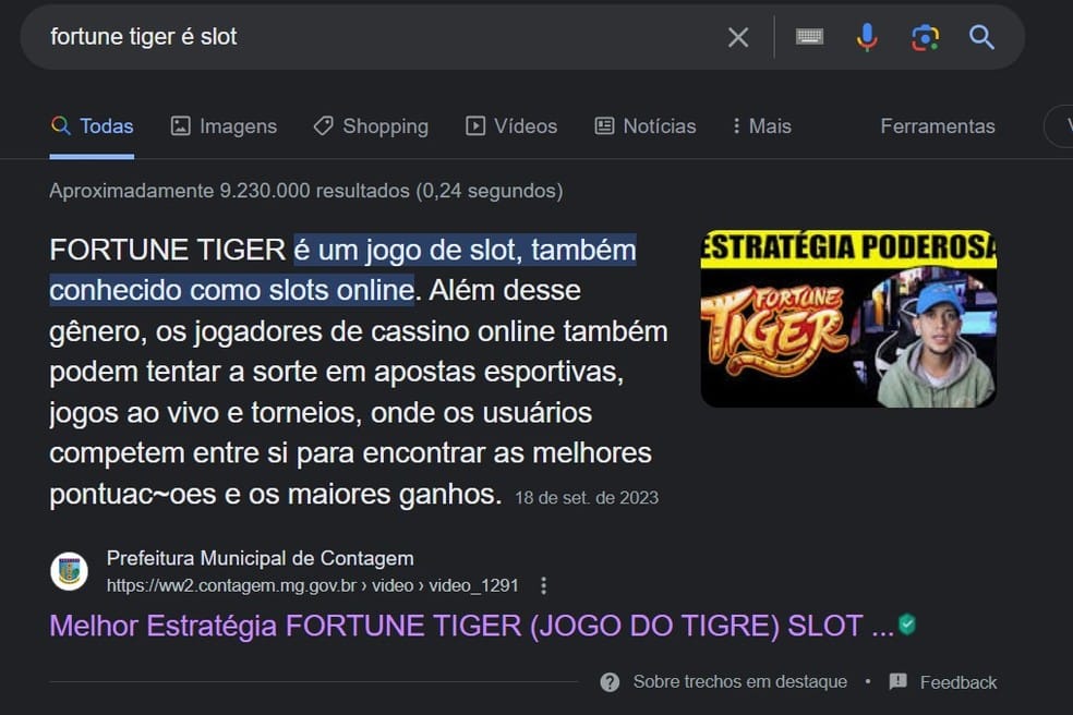 Busca no Google sobre 'jogo do tigre' leva usuários a página adulterada no site da prefeitura de Contagem (MG) — Foto: Reprodução