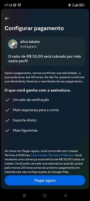 No Instagram, só é possível assinar o pacote Meta Verified pelo aplicativo