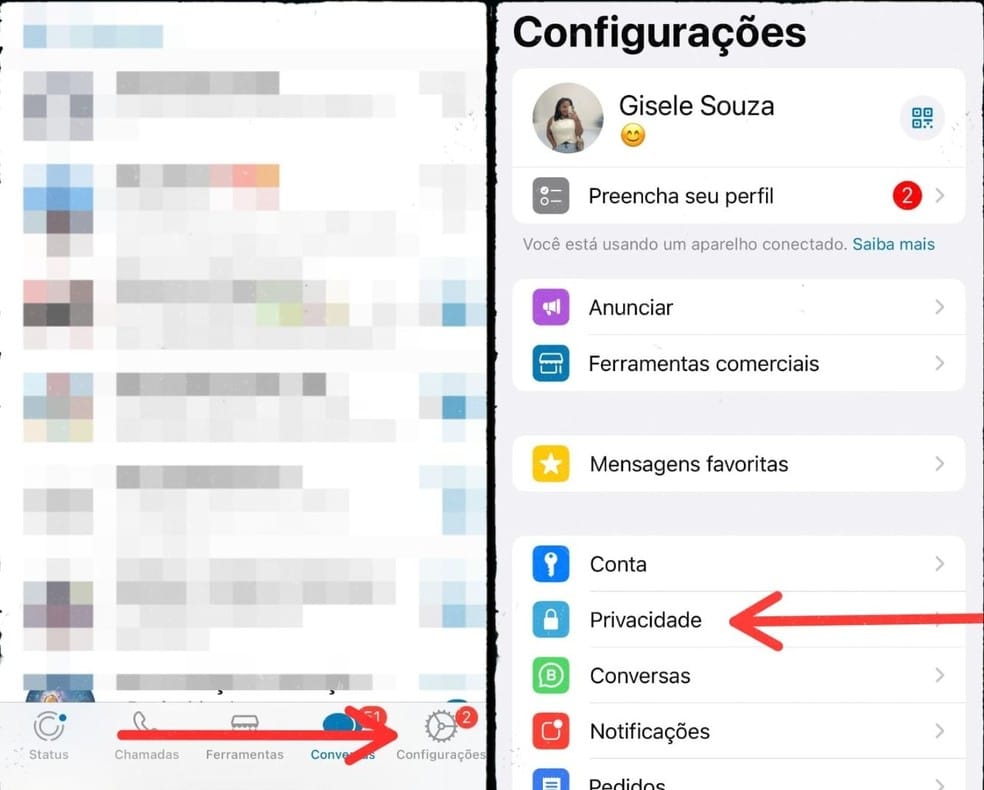 Acesso ao campo de privacidade nas configurações do aplicativo WhatsApp — Foto: Reprodução/Gisele Souza