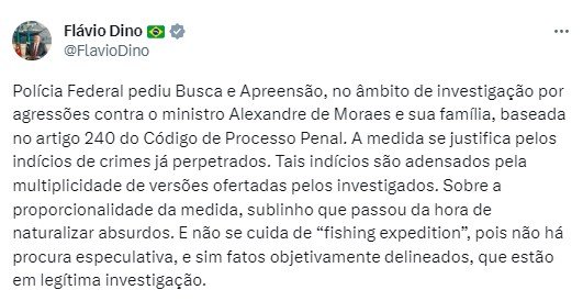 Print screen de twitter de Dino sobre busca e apreensão de agressores de Moraes - Metrópoles