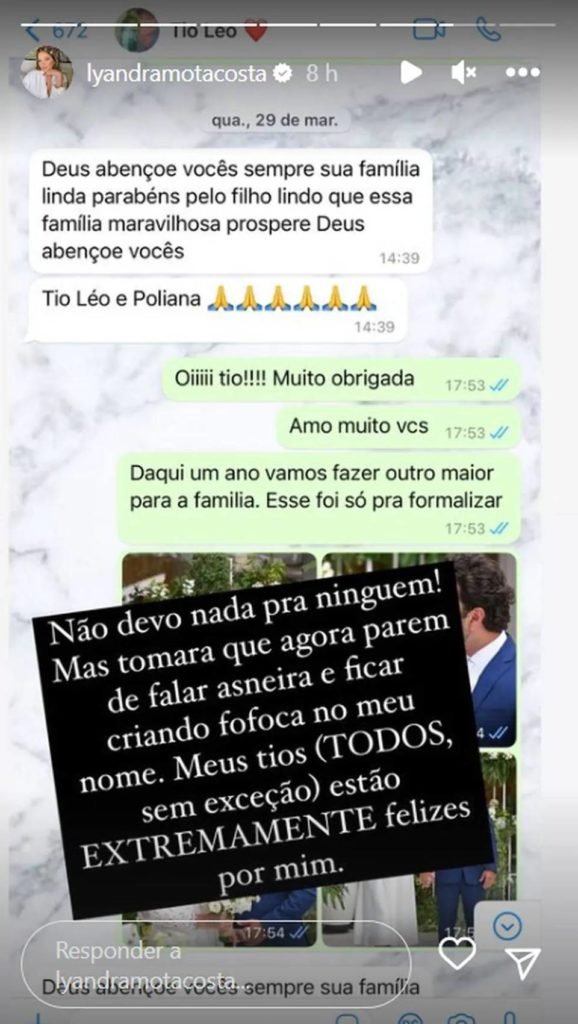 Lyandra Costa divulga conversa com Leonardo