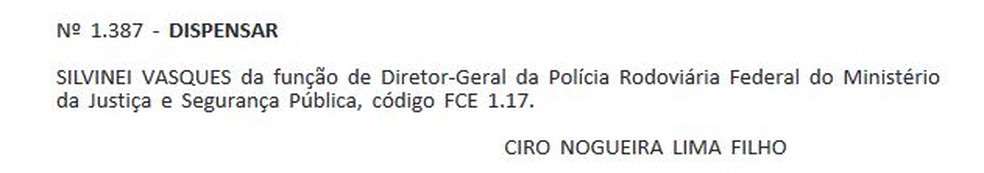 Exoneração de Silvinei Vasques do cargo de diretor-geral da PRF  — Foto: Reprodução / Diário Oficial de União