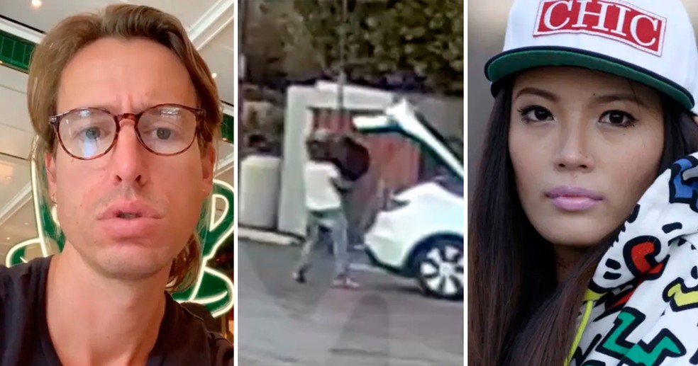 Samuel Haskell Jr e vídeo em que aparece jogando saco com parte de corpo humano em lixeira. Polícia acreditam que sejam restos mortais de sua esposa Mei — Foto: reprodução/ facebook e flickr