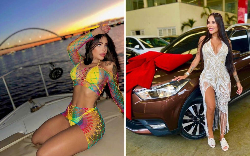 Yeda Freitas em um barco em Brasília e em frente a um carro, em Goiás — Foto: Divulgação/Redes Sociais