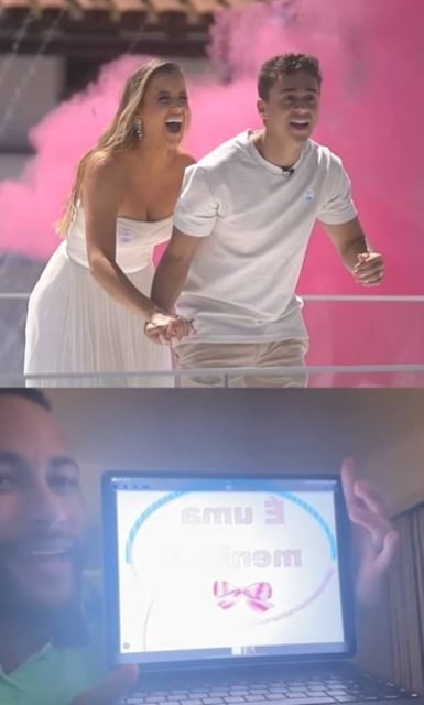 foto colorida de nikolas ferreira de branco de maos dadas com esposa, de vestido branco, e neymar segurando tela de computador escrito É UMA MENINA - metrópoles