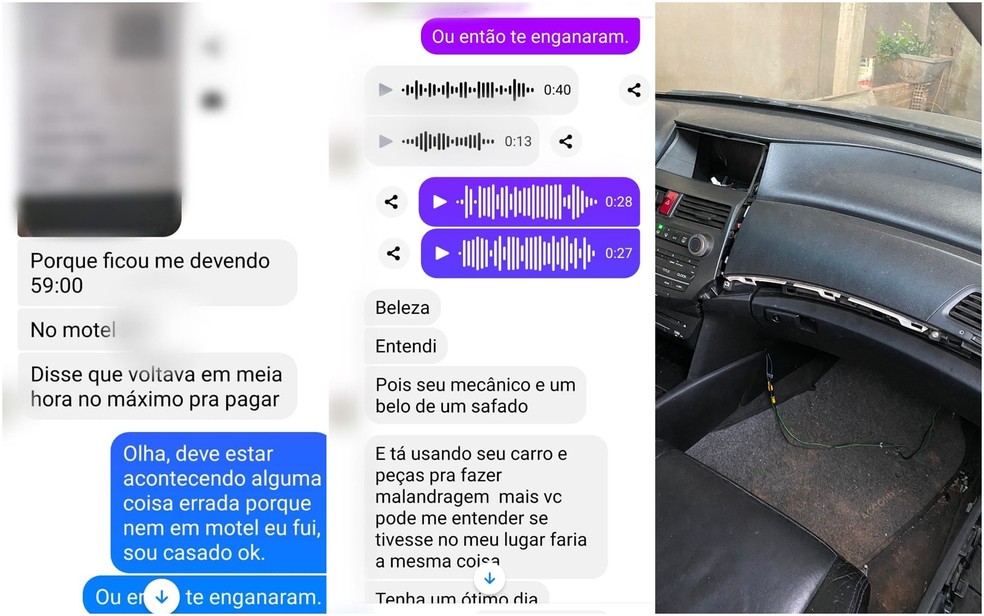 Mensagens que o dono do carro recebeu do responsável do motel // carro já sem as peças   — Foto: Divulgação/Polícia Civil