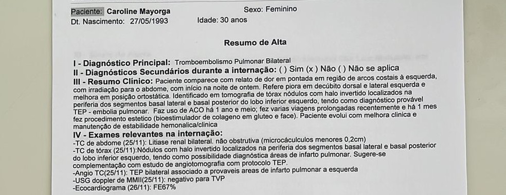 Laudo aponta resumo da alta médica da paciente — Foto: Arquivo Pessoal