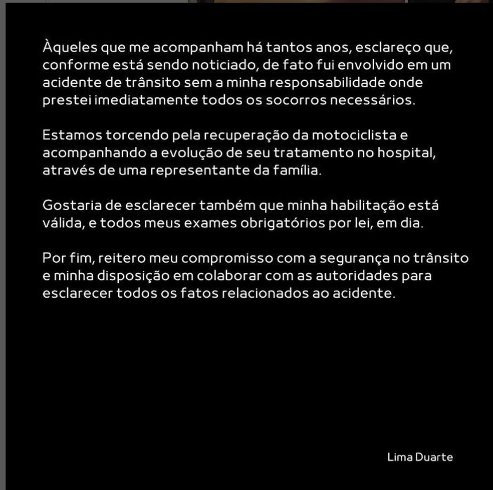 Texto publicado nas redes sociais pelo ator Lima Duarte à época do acidente  — Foto: Reprodução/Redes Sociais 