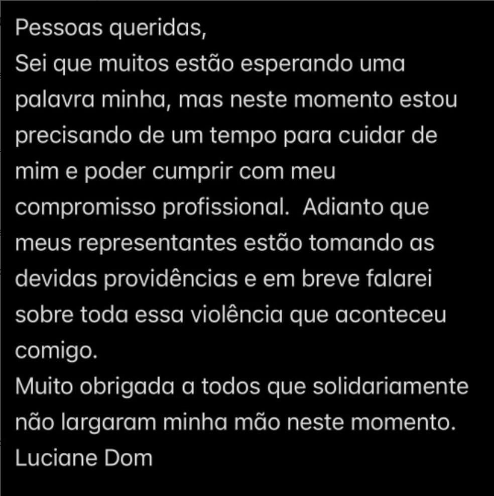 Luciane Dom disse que seus representantes vão tomar providências — Foto: Reprodução/ Instagram