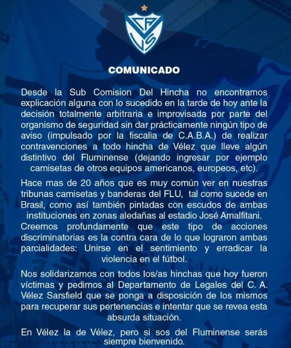 Comunicado da torcida do Vélez Sarsfield — Foto: Reprodução