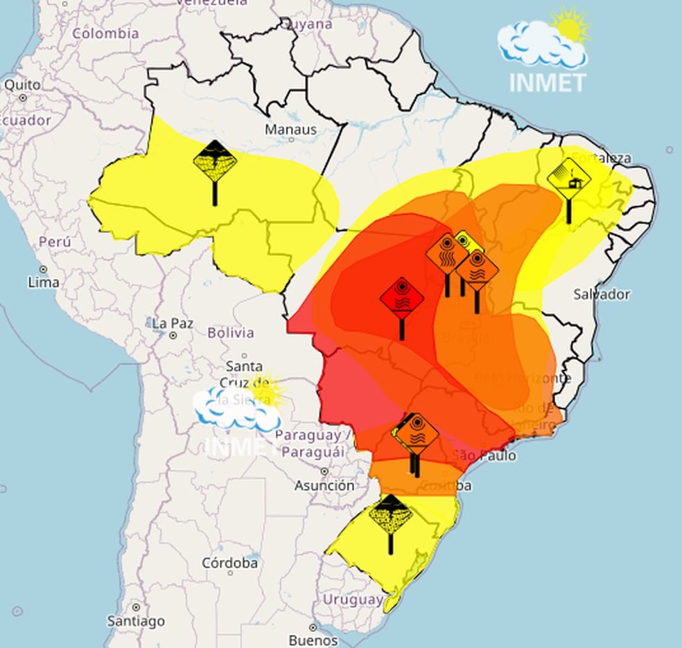 O alerta vermelho é valido até domingo (24). — Foto: Reprodução/INMET