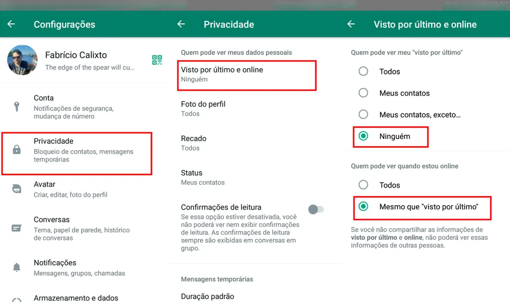 Passo a passo para tirar o online do WhatsApp pelo Android (Imagem: Captura de tela/Fabrício Calixto/Canaltech)