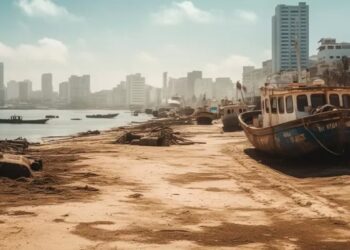 Foto: Imagem de uma área costeira do mundo em 100 anos gerada por uma IA.Imagem: Midjourney.