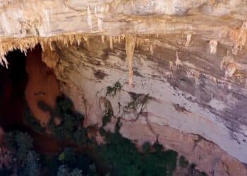 A perna da bailarina, estalactite no Parque Nacional do Peruaçu, em MG — Foto: Reprodução/TV Globo.