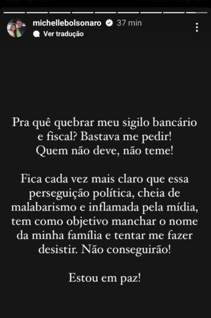 Print de manifestação de Michelle Bolsonaro sobre quebra de sigilo 