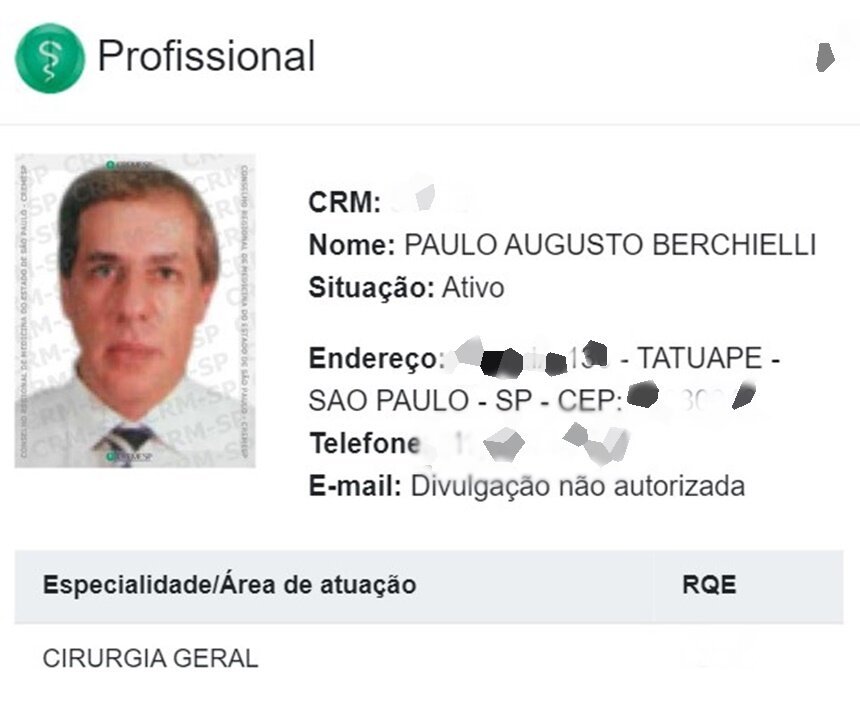 Em imagem colorida dados de médicos no Cremesp - Metrópoles