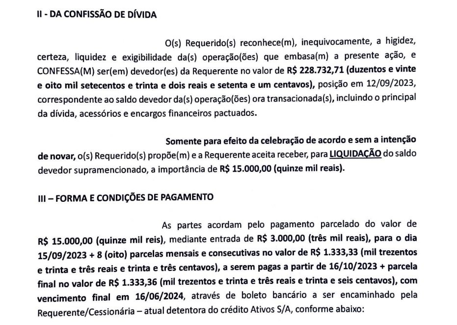 Acordo em processo de cobrança contra Anderson Dorneles