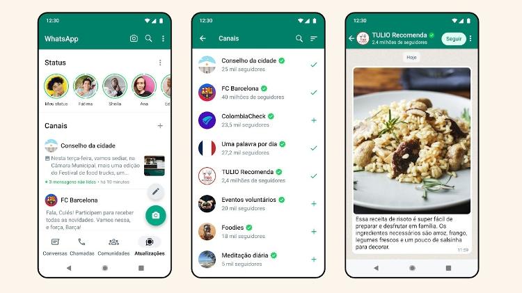 Capturas de tela do recurso Canais do WhatsApp; será possível compartilhar mensagens para milhares de inscritos de forma unidirecional - Divulgação - Divulgação