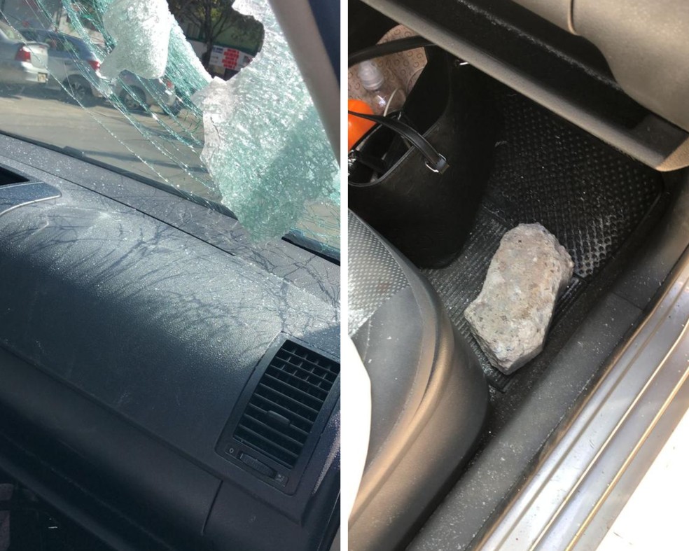 Vidro de carro quebrado e paralelepípedo lançado por suspeito em carro de família no ES. — Foto: Reprodução/Arquivo pessoal