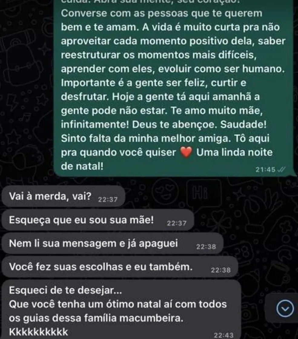 Suposta conversa de Larissa com sua mãe — Foto: Reprodução: TV Globo