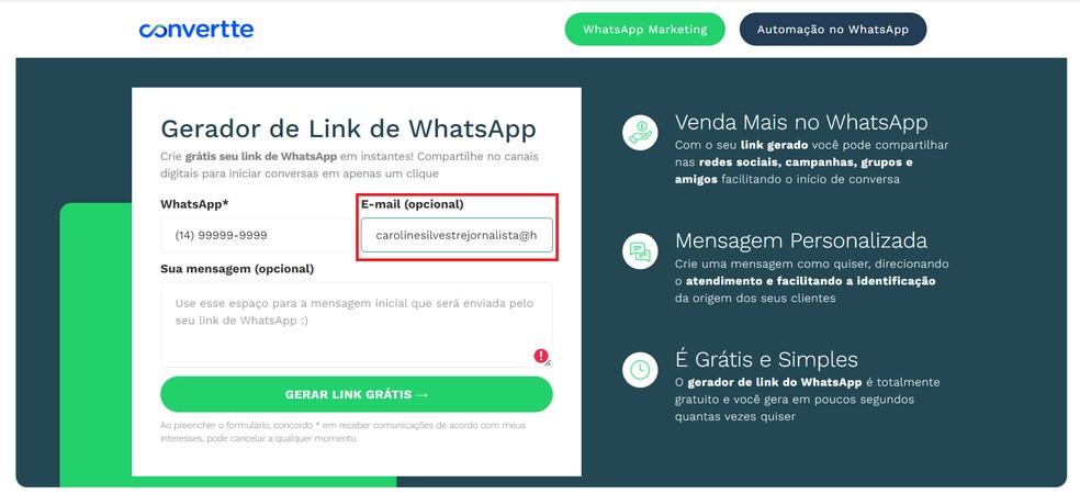 Convertte é site gerador de link de WhatsApp — Foto: Reprodução/Caroline Silvestre