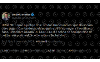 Janones engana ao dizer, em tuíte, que justiça americana condenou Bolsonaro e que FBI investiga o ex-presidente