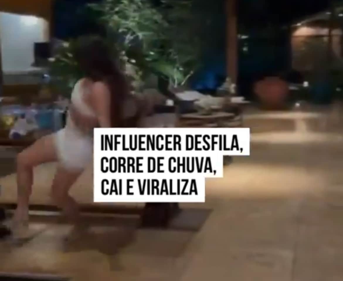 Viralizou: Influencer desfila, corre da chuva, escorrega e cai; VEJA VÍDEO