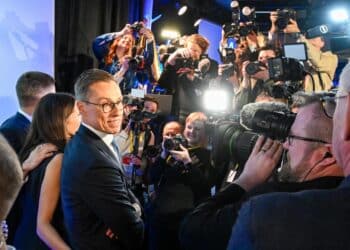 Helsinki (Finland), 11/02/2024.- Finland's centre-right presidential candidate Alexander Stubb faces media at the election party in the Little Finlandia event center in Helsinki, Finland, 11 February 2024, after winning the second round of the presidential election. Alexander Stubb is set to become Finland's next president for a term starting on 01 March, after winning the run-off vote against independent candidate Haavisto. (Elecciones, Finlandia) EFE/EPA/KIMMO BRANDT
