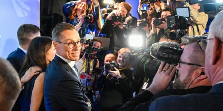 Helsinki (Finland), 11/02/2024.- Finland's centre-right presidential candidate Alexander Stubb faces media at the election party in the Little Finlandia event center in Helsinki, Finland, 11 February 2024, after winning the second round of the presidential election. Alexander Stubb is set to become Finland's next president for a term starting on 01 March, after winning the run-off vote against independent candidate Haavisto. (Elecciones, Finlandia) EFE/EPA/KIMMO BRANDT