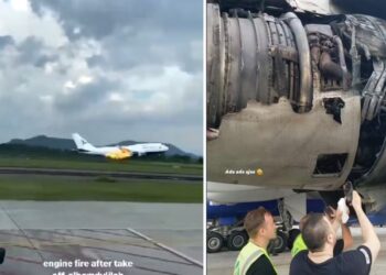 Boeing 747 tem fogo no motor durante a decolagem e faz pouso de emergência — Foto: Reprodução Redes Sociais
