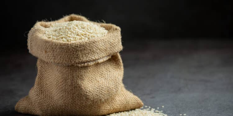 Sesame seeds in bag on dark background