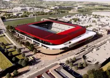 Projeção do futuro estádio do Flamengo. Foto: Reprodução/SBT News.