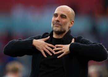 LONDON, ENGLAND - APRIL 20:  Manchester City manager  Pep Guardiola celebrates after winning the Emirates FA Cup Semi Final match between Manchester City and Chelsea at Wembley Stadium on April 20, 2024 in London, England. (Photo by Visionhaus/Getty Images)