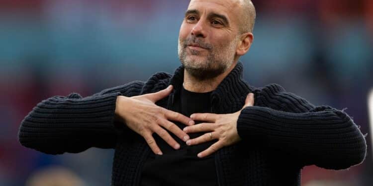 LONDON, ENGLAND - APRIL 20:  Manchester City manager  Pep Guardiola celebrates after winning the Emirates FA Cup Semi Final match between Manchester City and Chelsea at Wembley Stadium on April 20, 2024 in London, England. (Photo by Visionhaus/Getty Images)