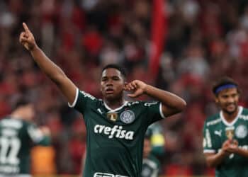 O jogador Endrick, da SE Palmeiras, comemora seu gol contra a equipe do C Athletico Paranaense, durante partida válida pela trigésima quarta rodada, do Campeonato Brasileiro, Série A, na Arena da Baixada. - Foto: Cesar Greco