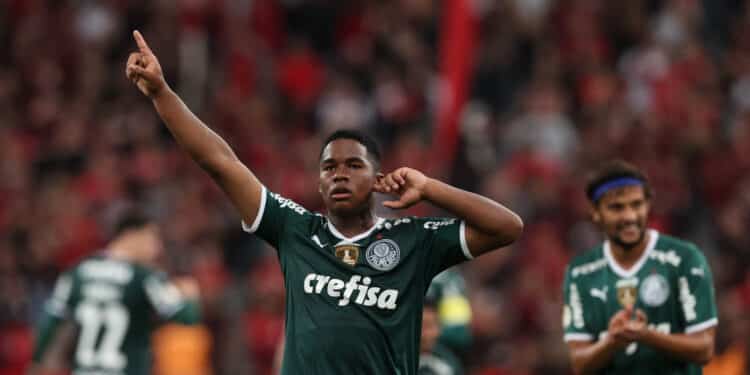 O jogador Endrick, da SE Palmeiras, comemora seu gol contra a equipe do C Athletico Paranaense, durante partida válida pela trigésima quarta rodada, do Campeonato Brasileiro, Série A, na Arena da Baixada. - Foto: Cesar Greco