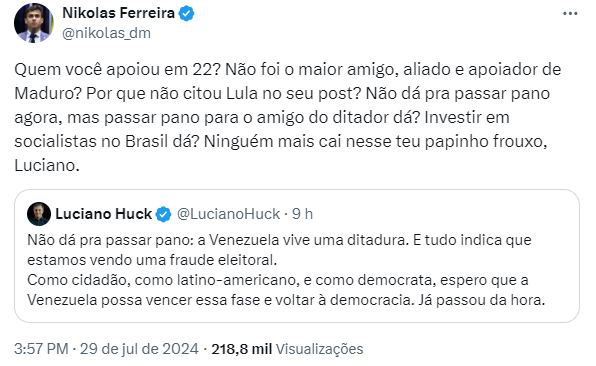 Nikolas rebate Huck e detona 'passada de pano' do apresentador: “Papinho frouxo”