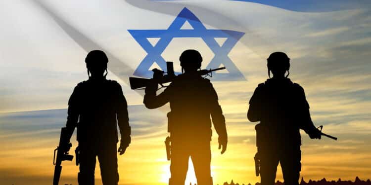 Silhouette of soldier with Israel flag against the sunrise. Concept - armed forces of Israel. EPS10 vector