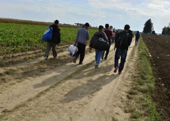 October 4, 2015; Sid in Serbia. Group of Afghan refugees leaving Serbia. They came to Sid by taxi and then they leaving Serbia and go to Croatia and then to Germany. Many of them escapes from home because of civil war.