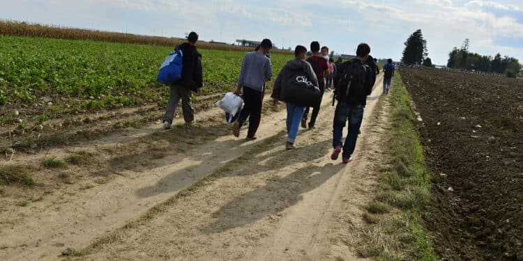 October 4, 2015; Sid in Serbia. Group of Afghan refugees leaving Serbia. They came to Sid by taxi and then they leaving Serbia and go to Croatia and then to Germany. Many of them escapes from home because of civil war.