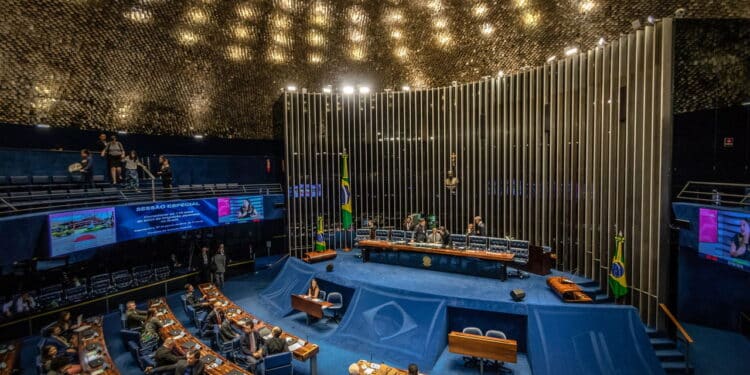 Brasilia, Brasil - Aug 27, 2018: Federal Senate Plenary Chamber at Brazilian National Congress - Brasilia, Distrito Federal, Brazil