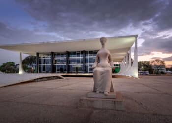 Brasilia, Brasil - Aug 26, 2018: Brazil Supreme Court (Supremo Tribunal Federal - STF) at night - Brasilia, Distrito Federal, Brazil