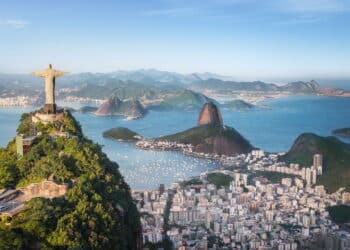 Aerial view of Rio with Corcovado Mountain, Sugarloaf Mountain and Guanabara Bay - Rio de Janeiro, Brazil