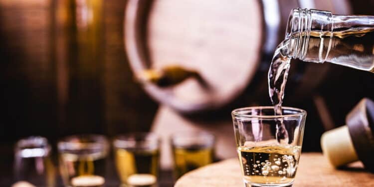 Glass of golden rum, with bottle. Bottle pouring alcohol into a small glass. Brazilian export type drink. Brazilian product for export, distilled drink known as brandy or pinga. Day of cachaça.