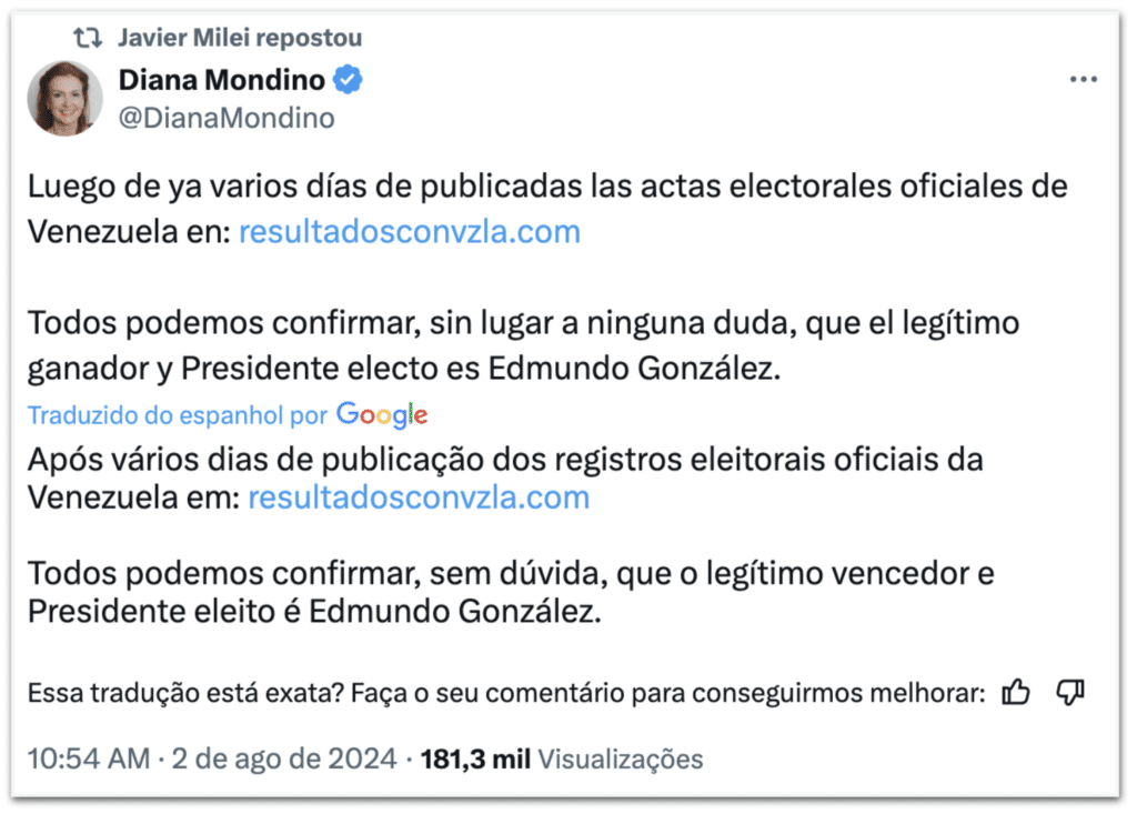 Argentina reconhece Edmundo González como novo presidente da Venezuela