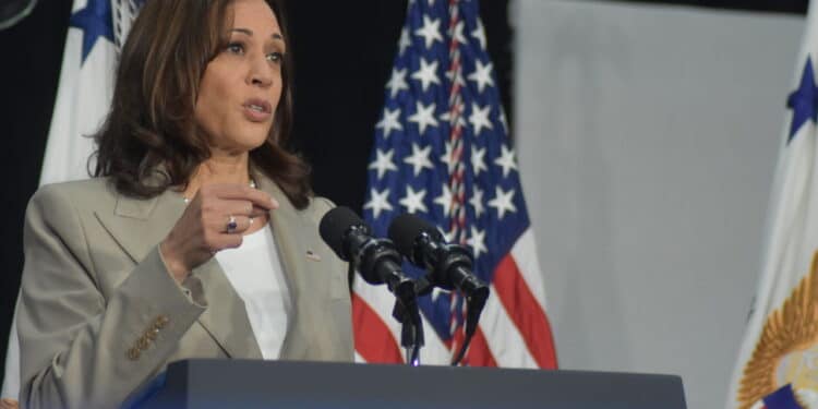 (NEW) Vice President of the United States Kamala Harris delivers remarks on the overturning of Roe V. Wade. June 26, 2022, Plainfield, IL, USA: Vice President of the United States Kamala Harris delivers remarks on the overturning of Roe V. Wade. which is a landmark decision handed down in 1973 by the United States Supreme Court on the question of the constitutionality of laws that criminalized or restricted access to abortions. Credit: Kyle Mazza/TheNews2 (Foto: Kyle Mazza/TheNews2/Deposit Photos)