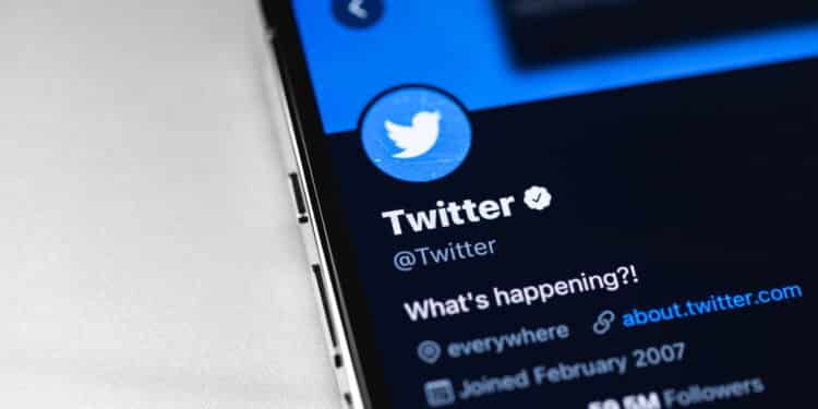 Twitter official verified account, mobile app on screen smartphone, iPhone macro. Twitter is a social media online service for microblogging and networking communication. Moscow, Russia -  January 23, 2021